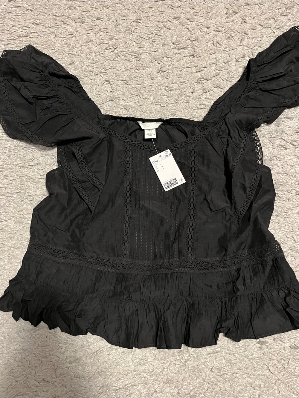 H&M Black Puff Sleeve Square Neck Peplum Blouse